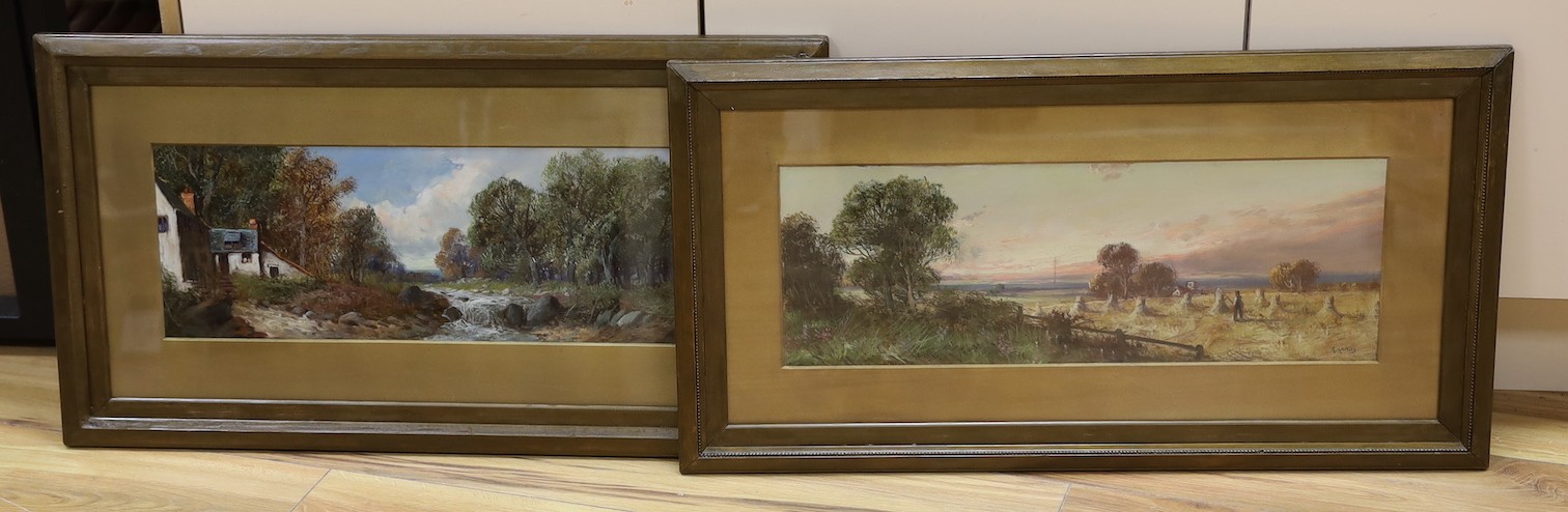 Aubrey Ramus (F. Jamieson) (1895-1950), pair of oils on board, Landscapes with stream and harvest field, one signed, 19 x 55cm